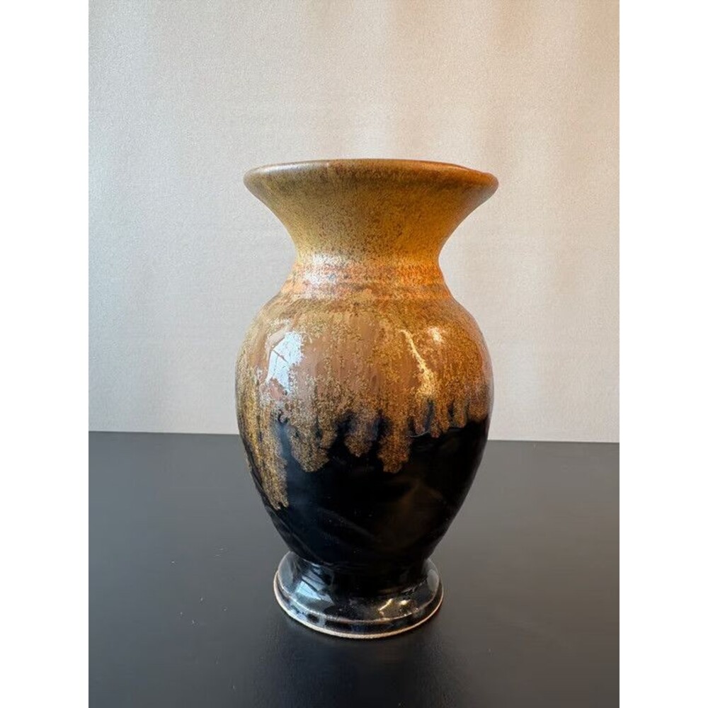 Black Brown Gold Glazed Studio Pottery Vase Signed